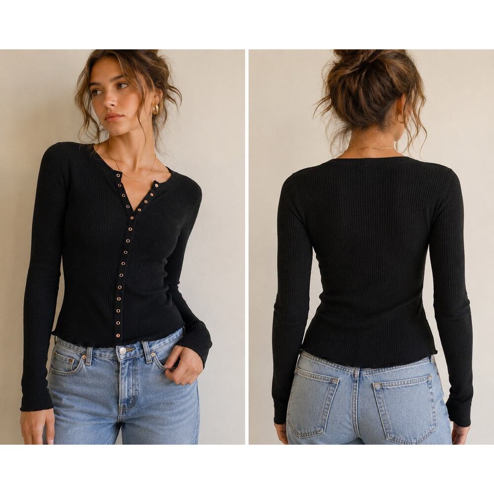 Free People Black Ribbed Thermal Snap Front Top XS